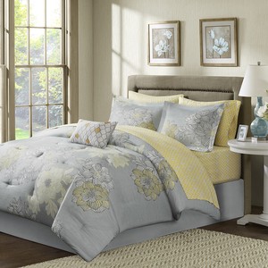 Beautiful Modern Flower Grey Silver Yellow Bed In Bag Comforter