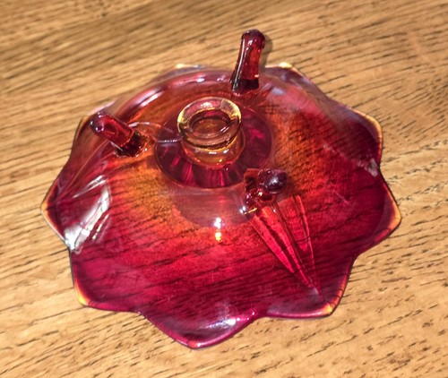VTG Fenton Amberina Ruby Red Lotus Flower 3 Footed Pedestal Candle Holder Flame - Picture 10 of 14