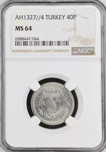 TURKEY - OTTOMAN , 40 PARA 1327/4 AH MOHAMED V - NGC MS 64 TOP POP , RAREC