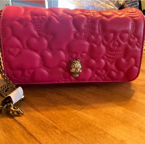 Betsey Johnson Hot Pink Quilted Skull Skeleton Bag Chain Strap Crossbody RARE - Picture 7 of 7