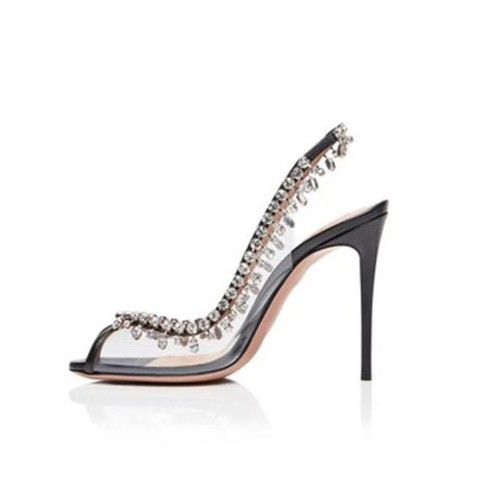Sexy Zapatos de Moda para Mujer Peep Toe Tacones de Aguja Transparente Estrás Cadena - Imagen 10 de 14