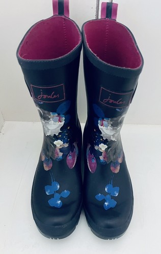 Joules Navy Blue Pink Floral Rubber Molly Welly Mid Rain Boots Women’s 6 - Picture 6 of 8