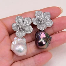 Cultured White Black Baroque Pearl Cz Flower Gold Plated Zircon Stud Earrings