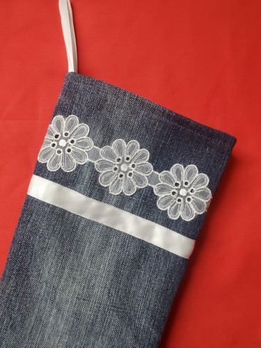 Christmas Stocking 16" Farmhouse Shabby Chic Denim Lace Ribbon Upcycled - Picture 2 of 4