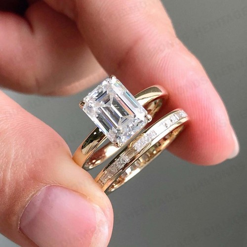 4.20ctw Emerald Cut Moissanite Matching Band Trio Set Ring 14k White Gold Plated - Picture 3 of 7