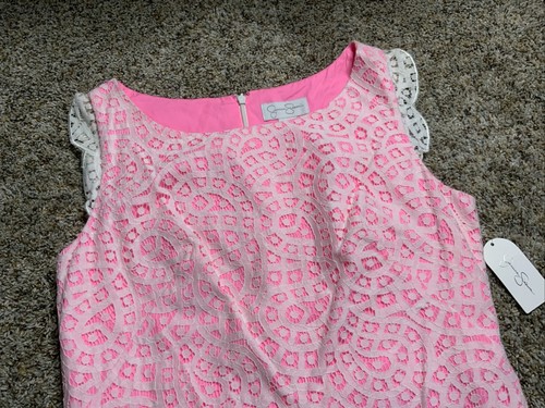 Jessica Simpson Dress Womens 10 White Pink Lace Eyelet Shift NEW - Picture 4 of 19
