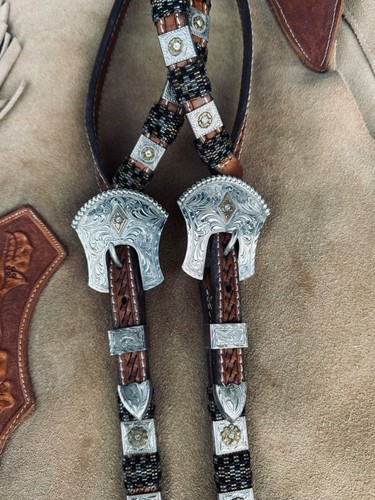 BLACK HORSE LEATHERWORKS VINTAGE STERLING SILVER BEADED WESTERN SHOW HEADSTALL* - Picture 2 of 9