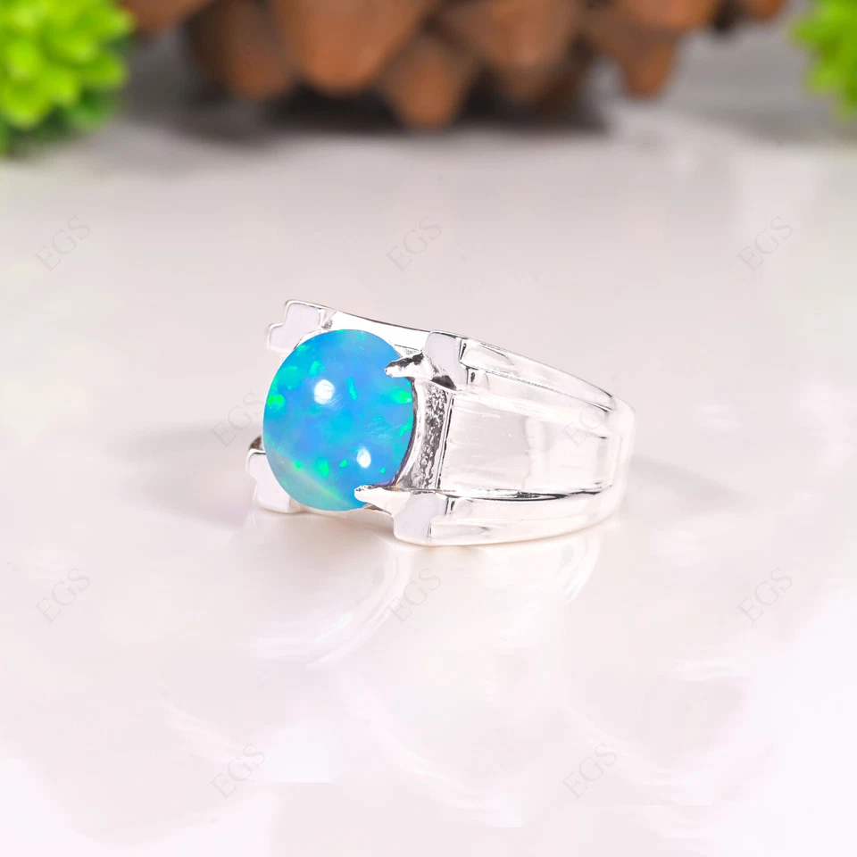 Anillo de ópalo de fuego verde para hombre anillo de plata de ley 925 anillo de ópalo etópico para hombre Foto 4 de 4