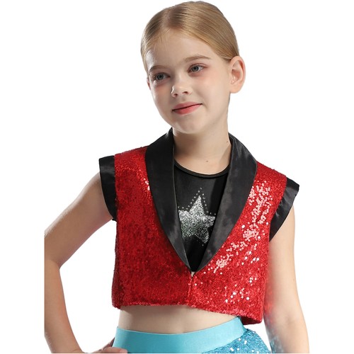 Girls Sets Performance Outfit Sequins Suits Sleeveless Crop Top Vest Shorts - Picture 12 of 71
