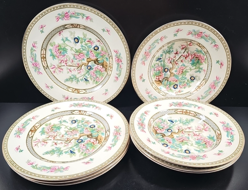 8 Pc Crown Ducal Indian Tree Dinner Plates Soup Bowls Set Vintage Floral MCM Lot - Picture 6 of 24