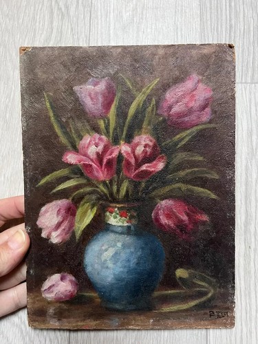 Antique Original Painting Tulip Bouquet Still Life, Floral, Flowers signed - Picture 6 of 8