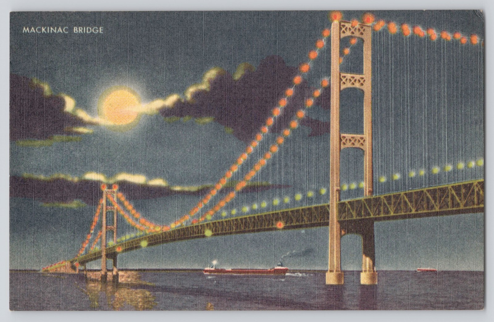 Postcard Michigan Mackinac Bridge At Night Boat Crossing Lake Under