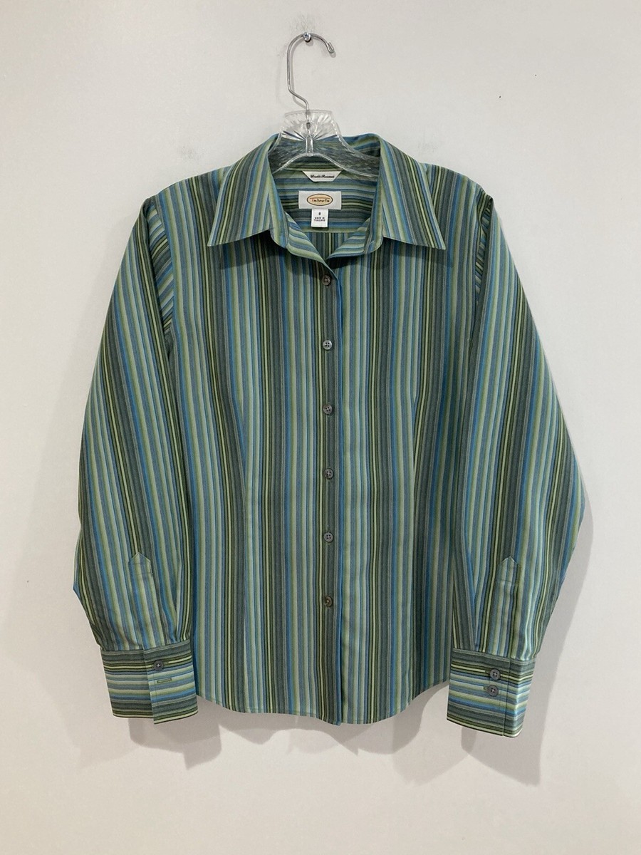VTG Talbots Green Blue Striped Blouse Shirt Button Up Long Sleeve