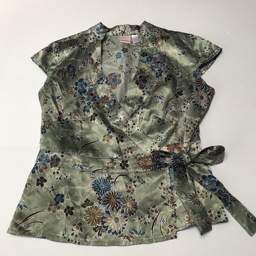 Vintage Y2K Top XL Asian Floral Wrap Satin Fairy Grunge Green Xhilaration - Picture 10 of 11