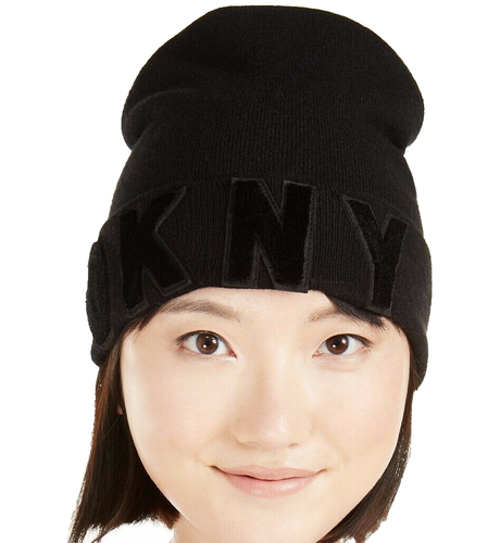 (NWT) DKNY Women's Velvet Flocked LOGO Flat Knit Skull Beanie Cap OSFM - Bild 3 von 6