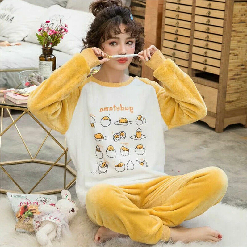 Japanese Kawaii Women Pyjamas Set Cute Winter Warm Flannel Thick Pajamas  Suit