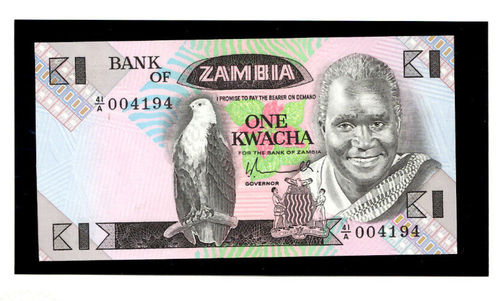 Zambia 1980 1 Kwacha P-23a UNC w/FDI UN FLAG STAMP 41/A 004194 sign 5 Low # - Picture 2 of 3