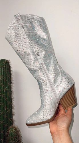 New Bling Rhinestone Crystal Cowboy Cowgirl Western Mid-Calf Knee-High Boots Zip - Picture 16 of 33
