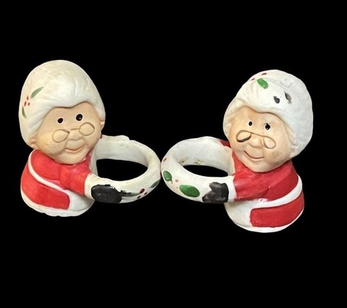 Vtg Christmas Candle Climber Huggers Ceramic Set Of 2 Mrs Claus 2" - Picture 1 of 9