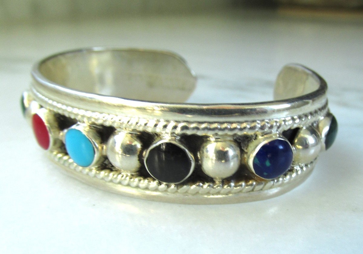 【最終値下げ】メキシコシルバー　ドーム型ボーンカフ　ヴィンテージ Vintage Mexico Sterling Silver Multi Stone Southwest Cuff