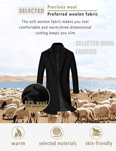 Trench-coat homme en laine iCKER, coupe slim, laine longue, taille XL, noir - Photo 6/7