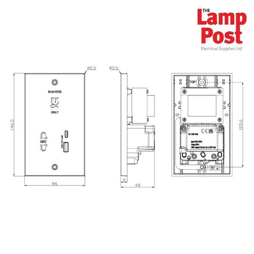 ML SN8909 230V Bathroom Shaver Socket with Dual USB A+C - Picture 2 of 2