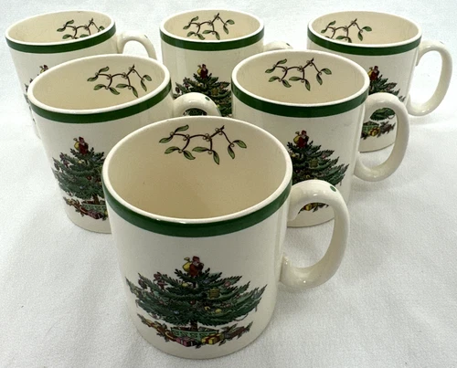 6 Spode Christmas Tree Green Trim Mugs Cups England S3324 Green Holly Santa