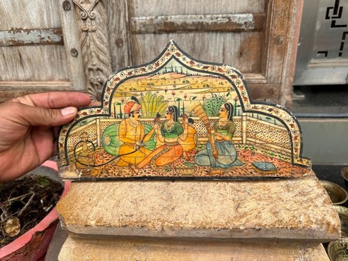 Ancient Old Bone Inlaid Hand Miniature Painting Mughal King Queen Arch Panel - Picture 4 of 12