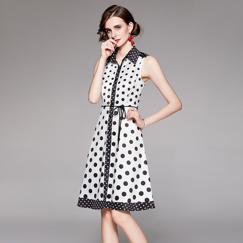 Women New Summer Polka Dot Print Collar Bow Sleeveless Casual Party Midi Dress - Picture 5 of 10
