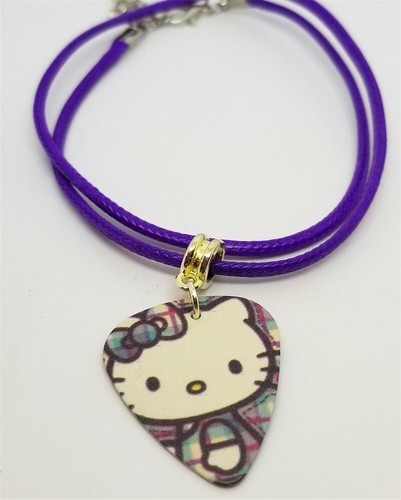Hello Kitty on Plaid Guitar Pick Necklace on Purple Rolled Cord - Picture 2 of 2