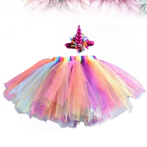 Children Rainbow Color Tutu Skirt Dress Unicorn Headwear Skirt Set for Girls - Picture 12 of 12
