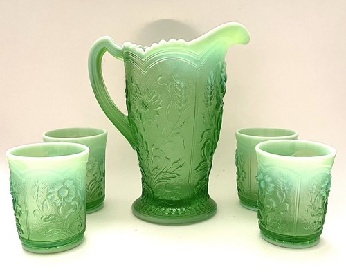 Vintage Lenox Imperial Green Pitcher & 4 Tumbler “ Field Flower” Milkglass Trim - Picture 12 of 15