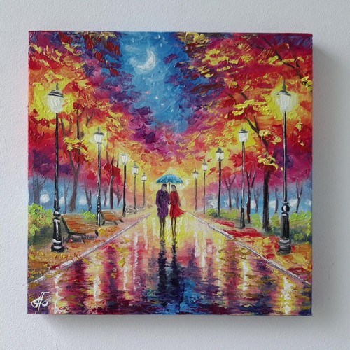 Original Oil Painting Vibrant Autumn Park Scene Couple Umbrella Canvas Wall Art - Picture 24 of 24