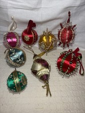 Lot of 8 VTG Push Pin Satin Sequin Pearl Beaded Handmade Christmas Ornaments