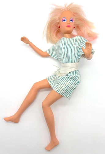 Vintage 1985 Hasbro Jem and the Holograms Jerrica Doll with Striped Dress & Belt