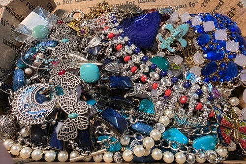 2 Lb Costume Jewelry VTG Modern Craft Junk Lot Wearable Untested Lot 17 Blue