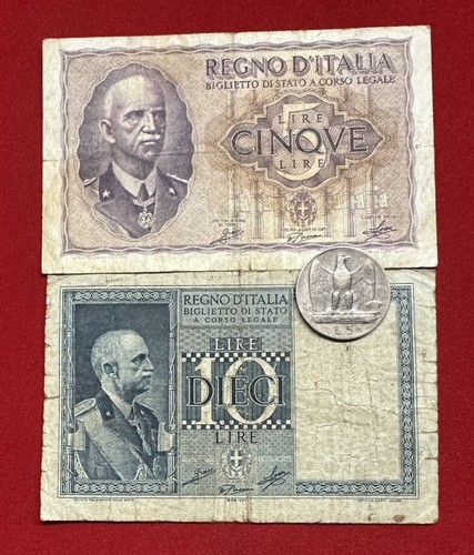 Numismatica 2 Banconote REGNO 5 LIRE e 10 LIRE + 5 Lire AQUILOTTO 1929 - Picture 1 of 2