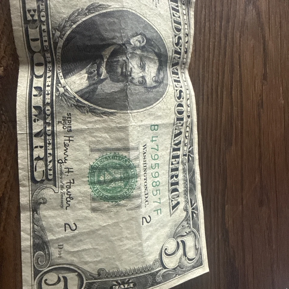 1950 Federal Reserve Note $5 Serial B 47959857 F - Image 3 of 4