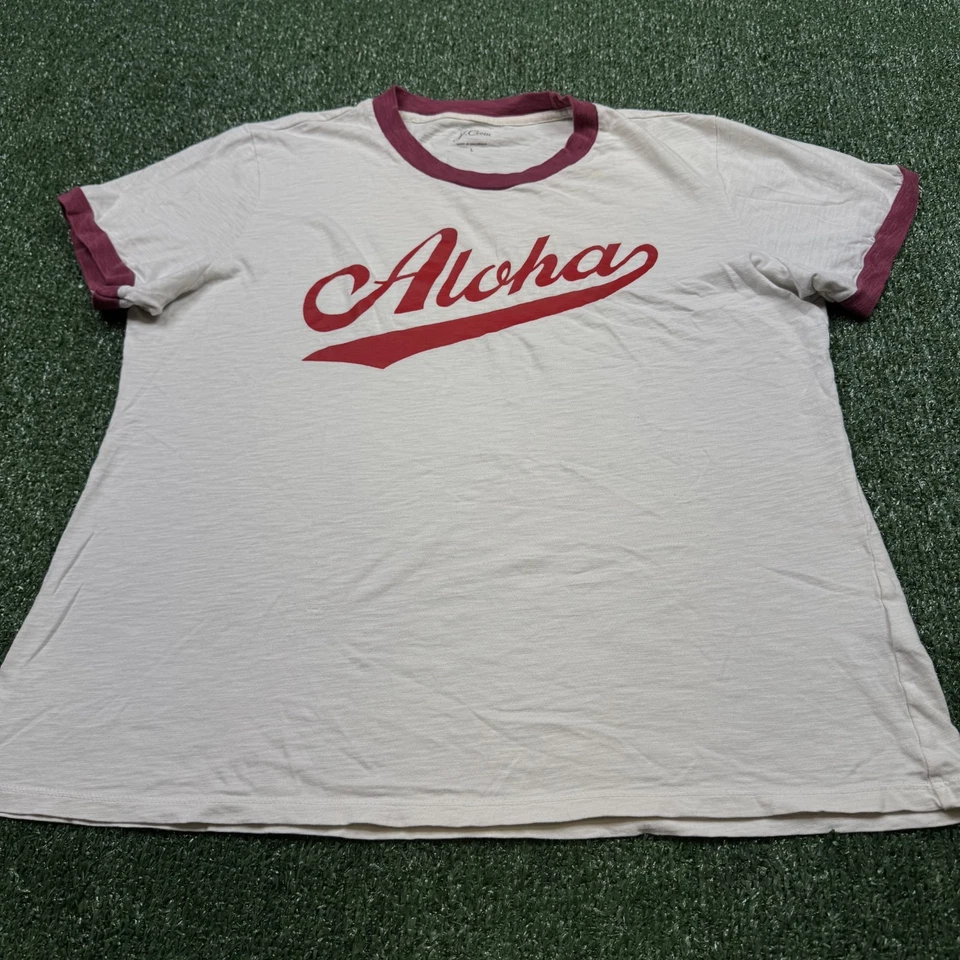J. Camiseta Crew Ringer Para Mujer Talla L Blanca Manga Corta Cuello Redondo Gráfico Aloha Foto 2 de 4