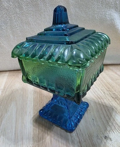 Vintage Blue Green Glass "Wedding Cake Box" 1960/ 1970 by Jeanette