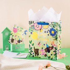 13" Birthday Gift Bag, Medium Gold Foil Gift Bag with Tissue Paper, Gift Tag ...