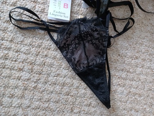 BNWT PRIMARK Conjunto Sujetador de Encaje Negro 34B con Tanga Reino Unido 10-12 a Juego - Imagen 13 de 21