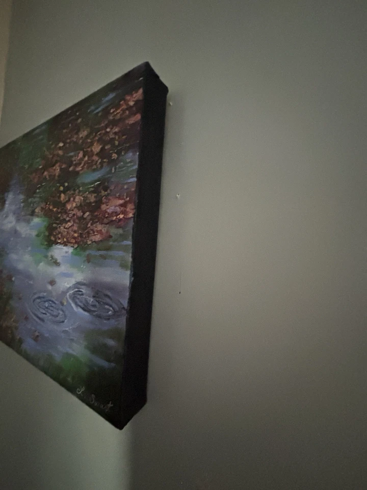 印象派绘画池塘带叶子 18x14 英寸拉伸帆布签名 — 第 3/4 张图片