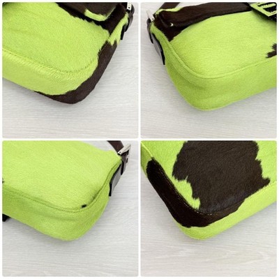 FENDI Baguette Pony Hair Green Leather Vintage Shoulder Bag