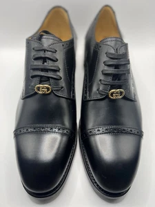 CHAUSSURES À LACETS NEUVES GUCCI CUIR NOIR ÉMAILLÉ IMBRIQUÉES G OXFORD 9,5/US 10