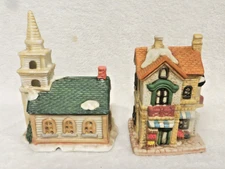 Set of 2 1993 Ceramic Christmas Village Buildings Church Grocery