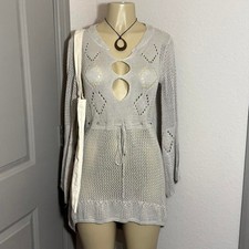 Beige/white crochet dress with cutouts and tie waist