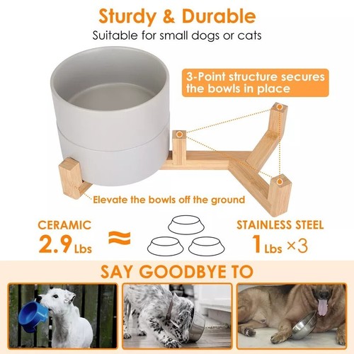 28.7Oz Double Pet Bowls Dog Cat Ceramic Bowls Cat Wooden Stand Raised Pet Feeder - Picture 3 of 7