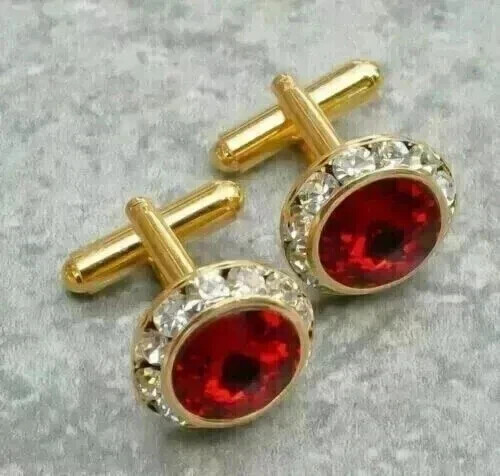 4CT Round Cut Lab Created Red Ruby Men's Fancy Cufflinks 14K Yellow Gold Finish - Picture 2 of 4