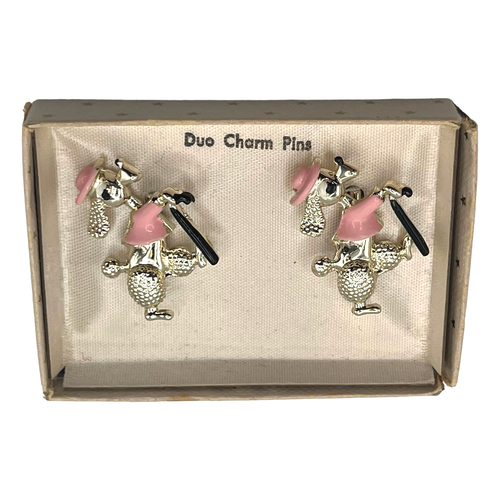 Duo Charm Pins Poodle Dog Gold Tone Brooch Pin Pair of Pink Dancing Poodles Vtg - Bild 4 von 11